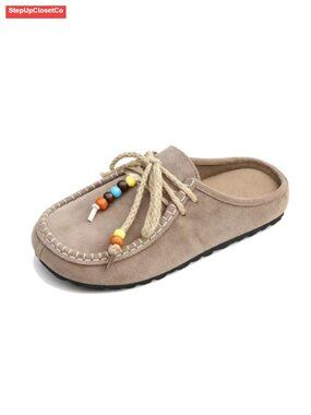 Suede Flat Mule Slippers Women's Bohemian Beaded Casual Slip On Comfortable
